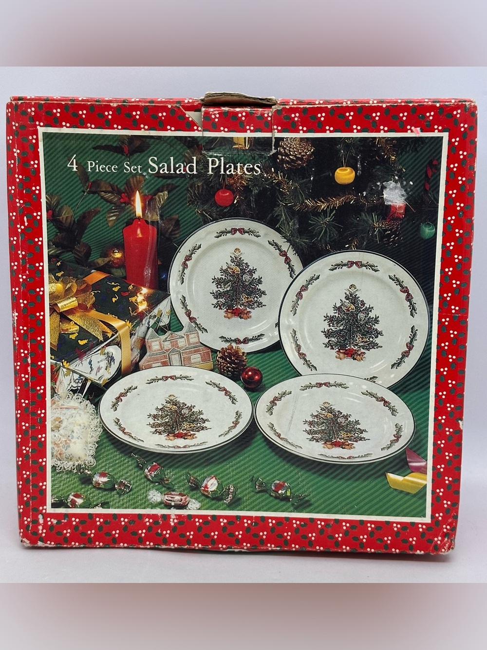 VTG Holly & Lace 4-Piece Set Salad Plates Stoneware Christmas Tree In Box Sears